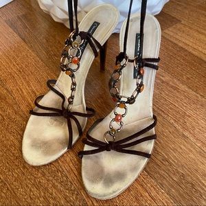 MARIO BOLOGUA suede strap heels, rose gold metal